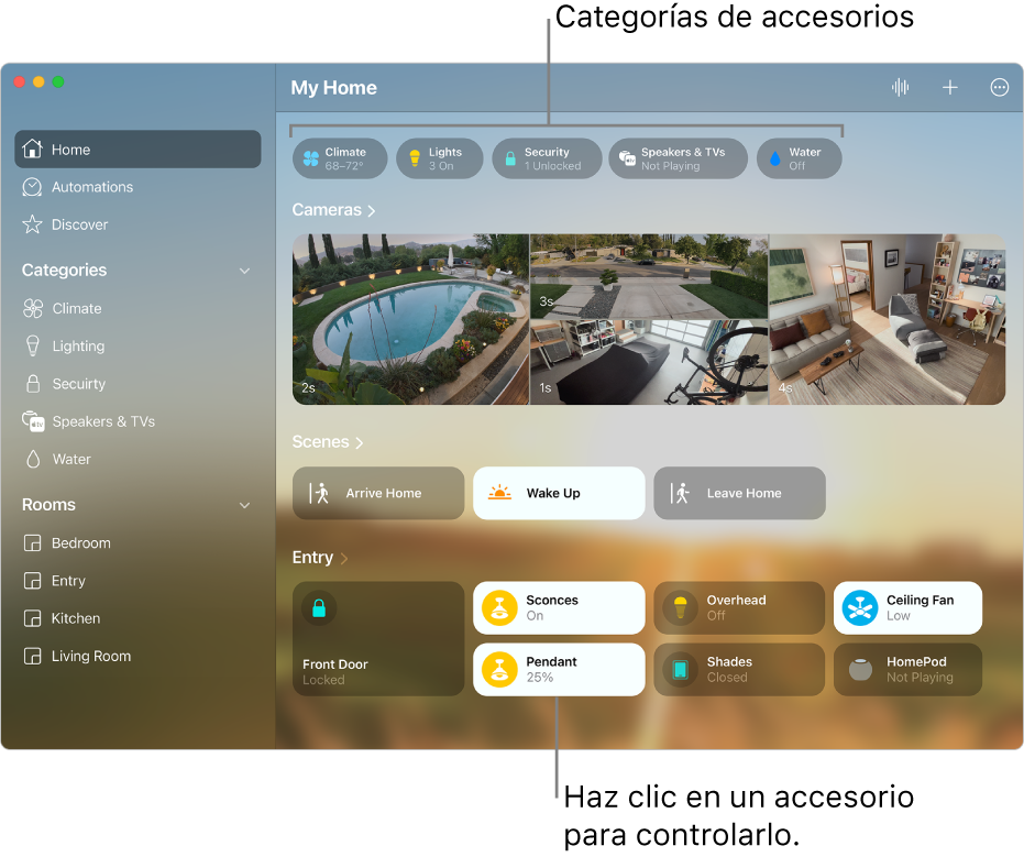 La pantalla de inicio mostrando las categorías de accesorios en la parte superior, seguidas de contenidos de cámaras, mosaicos de ambientaciones y mosaicos de accesorios en la habitación Entrada.