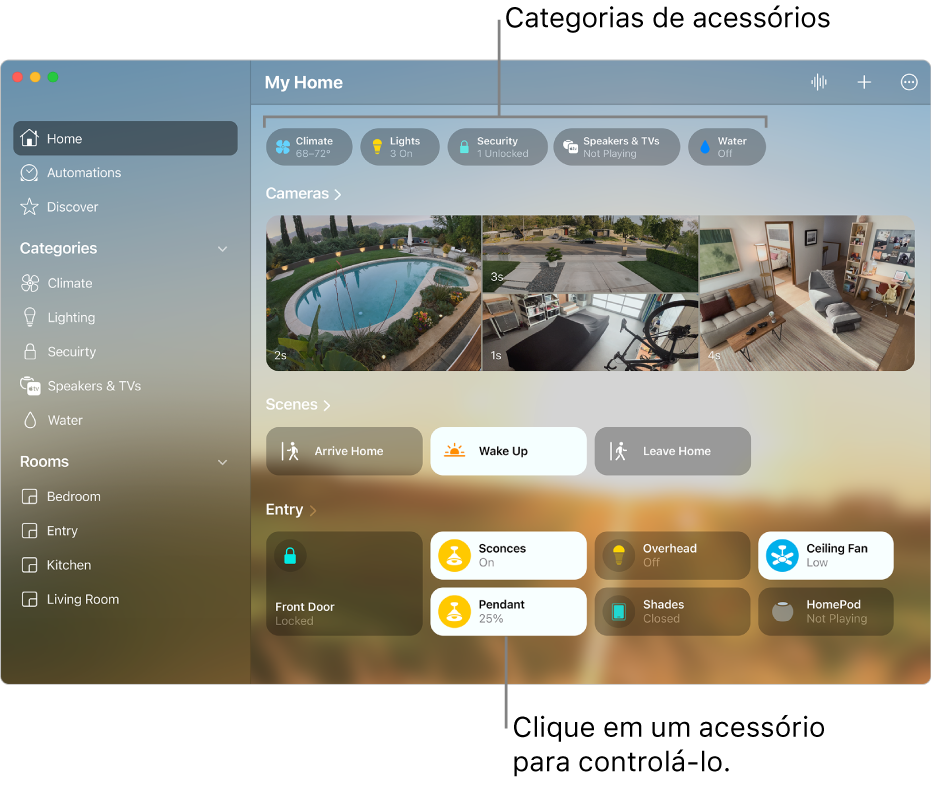 Tela do app Casa mostrando categorias de acessórios na parte superior, seguidas por feeds de câmera, ícones de cena e ícones de acessórios no cômodo “Entrada”.