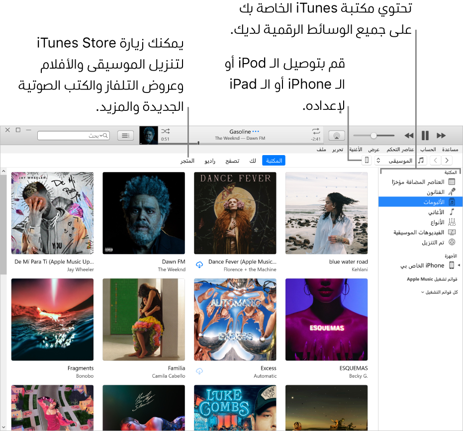 عرض نافذة iTunes: تتكون نافذة iTunes من جزئيين. على اليسار الشريط الجانبي للمكتبة، والذي يحتوي على كافة الوسائط الرقمية خاصتك. على اليمين، في منطقة المحتوى الأكبر، يمكنك عرض مجموعة مختارة تهتم بها، على سبيل المثال، قم بزيارة مكتبتك أو صفحة "لك" الخاصة بك، أو تصفح موسيقى أو فيديو iTunes جديد، أو قم بزيارة iTunes Store لتنزيل موسيقى، وأفلام، وبرامج تلفاز، وكتب صوتية جديدة، وأكثر من ذلك. يوجد زر الجهاز في الزاوية العلوية اليسرى من الشريط الجانبي المكتبة، الذي يظهر اتصال الـ iPhone أو الـ iPad أو الـ iPod بالـ PC.