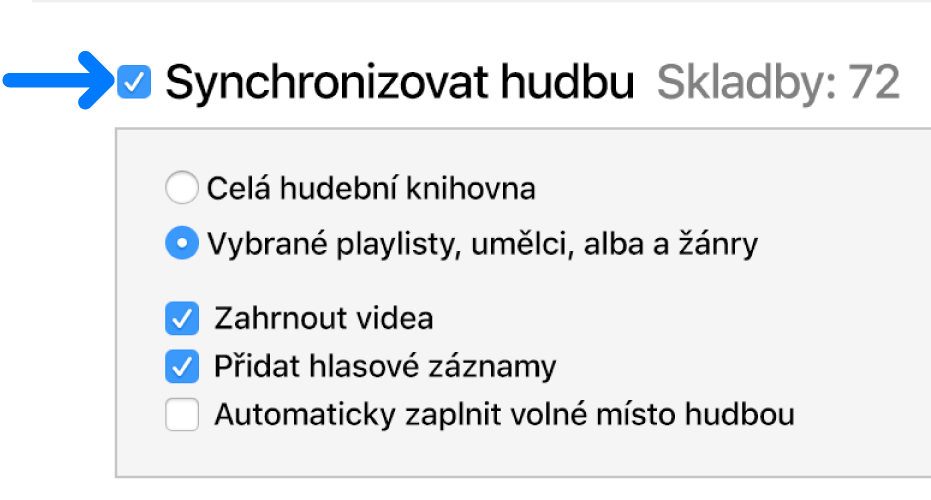 Vlevo nahoře je vybrána položka „Synchronizovat hudbu“ s volbami synchronizace celé knihovny nebo jen vybraných položek