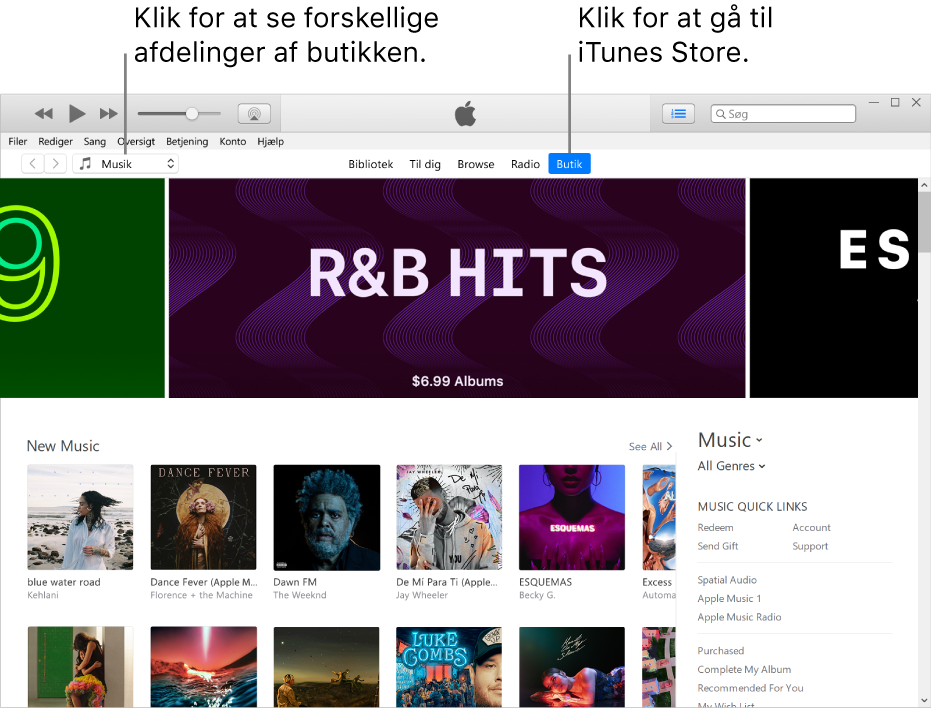 Hovedvinduet i iTunes Store: Butik er markeret på navigationslinjen. I øverste venstre hjørne kan du vælge andet indhold, du vil se i butikken (f.eks. musik eller tv).