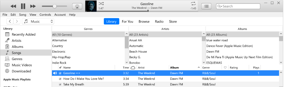 The iTunes main window: The column browser is to the right of the sidebar and above the list of songs.