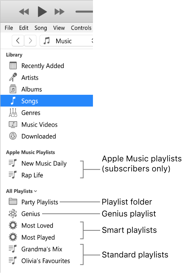 The iTunes sidebar showing the various types of playlists: Apple Music (subscribers only), Genius, Smart and standard playlists, plus a playlist folder.