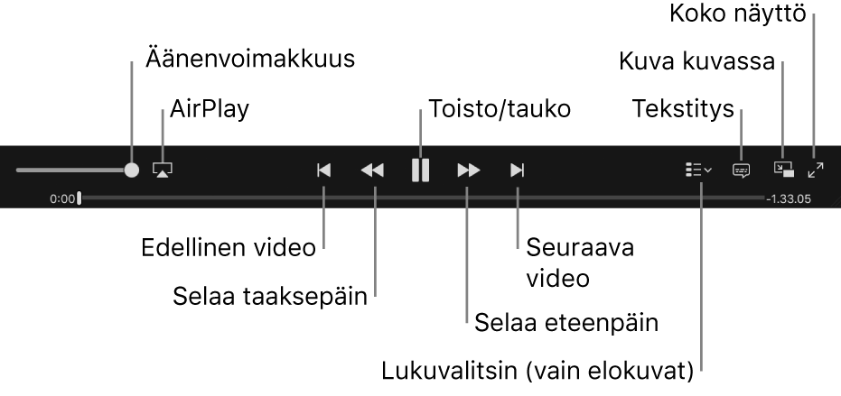 Videosäätimet: Äänenvoimakkuus, Airplay, edellinen video, selaus taaksepäin, toisto/keskeytys, selaus eteenpäin, seuraava video, kappalevalitsin (vain elokuvat), tekstitys, kuva kuvassa ja koko näyttö.