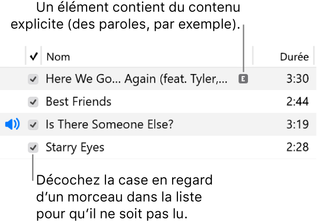 Détail de la présentation Morceaux de Musique, avec les cases à gauche et un symbole de contenu explicite en regard du premier morceau (indiquant qu’il contient des éléments explicites, par exemple, dans les paroles). Décochez la case en regard d’un morceau pour empêcher la lecture de ce dernier.