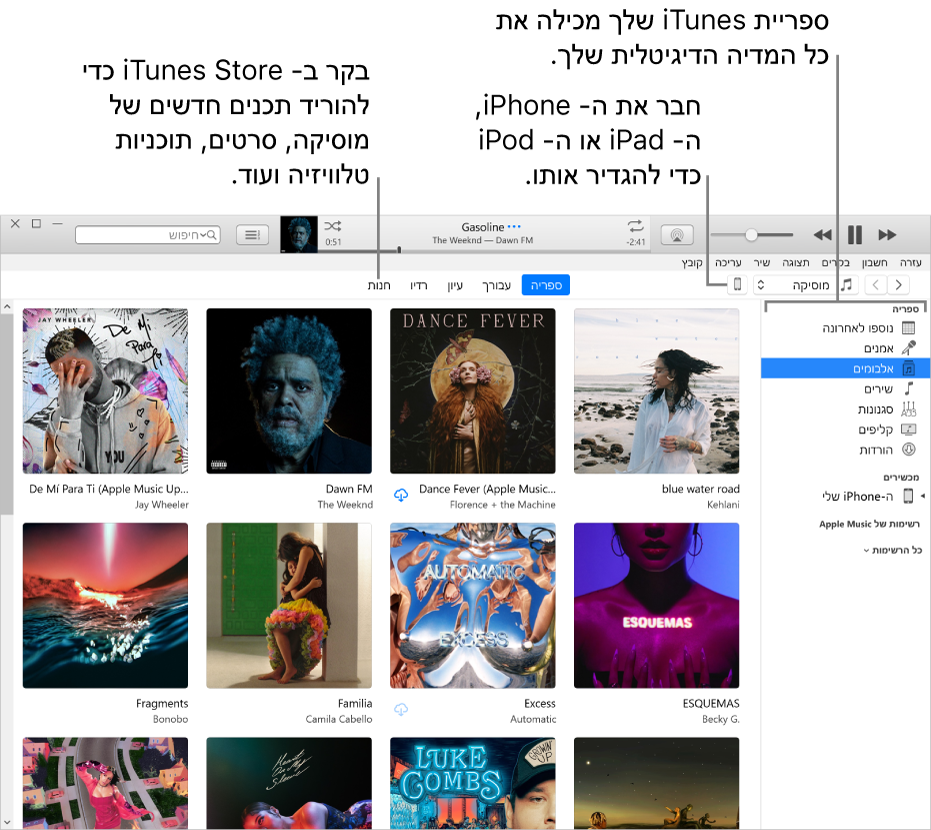 התצוגה של חלון iTunes: חלון iTunes כולל שתי חלוניות. משמאל מופיע סרגל הצד ״ספריה״, שמכיל את כל המדיה הדיגיטלית שלך. מימין, באזור התוכן הגדול יותר, ניתן לראות פריט נבחר שמעניין אותך – לדוגמה, לבקר בספרייה או בדף ״עבורך״, לעיין במוזיקה וסרטים חדשים מ‑iTunes, או לבקר ב‑iTunes Store כדי להוריד מוזיקה חדשה, סרטים ותוכניות טלוויזיה חדשים, ספרי שמע ועוד. בפינה הימנית העליונה של סרגל הצד ״ספריה״ מופיע הלחצן ״מכשיר״, שמראה את המכשיר שמחובר ל‑PC‏ – iPhone‏, ‏iPad‏ או iPod.