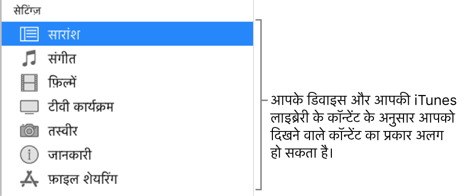 बाईं ओर साइडबार में समरी चुना जाता है। आपके डिवाइस और आपकी iTunes लाइब्रेरी के कॉन्टेंट के आधार पर दिखाई पड़ने वाले कॉन्टेंट के प्रकार भिन्न-भिन्न हो सकते हैं।
