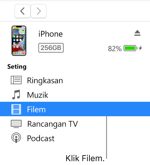 Tetingkap Peranti, dengan Filem dipilih dalam bar sisi di bahagian kiri.