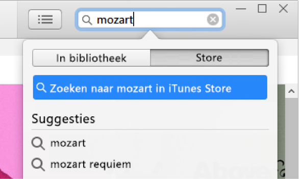 Het zoekveld met de getypte tekst "Mozart". 'Store' is geselecteerd in de keuzelijst met zoekresultaten.