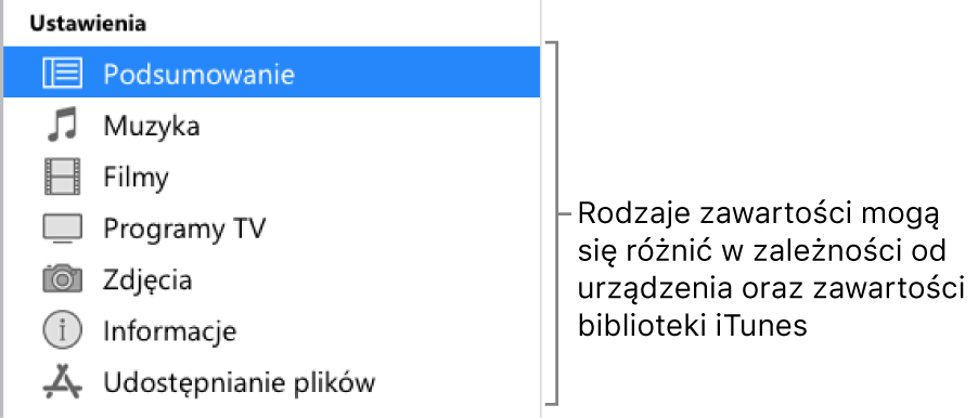 Na pasku bocznym po lewej zaznaczona jest etykieta Podsumowanie. Wyświetlane typy materiałów zależą od używanego urządzenia oraz zawartości biblioteki iTunes