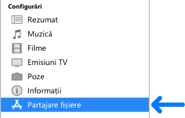 În configurările dispozitivului, faceți clic pe Partajare fișiere pentru a transfera fișierele între computer și dispozitiv.