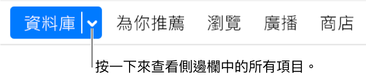 導覽列中的「資料庫」按鈕，顯示彈出式選單；隱藏側邊欄時，按一下即可存取所有側邊欄項目。