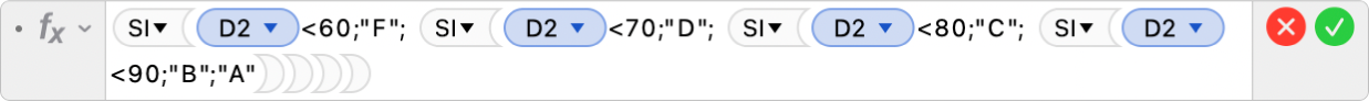 L’editor de fórmules mostra la fórmula =SI(D2<60,"F", SI(D2<70,"D", SI(D2<80,"C", SI(D2<90,"B","A")))).