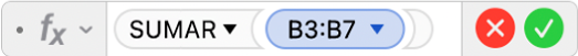 L'editor de fórmules mostra la fórmula =SUMAR(B3:B7).