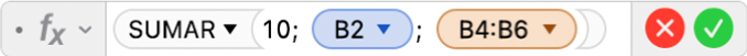 L'editor de fórmules mostra la fórmula =SUMAR(10, B2, B4:B6).
