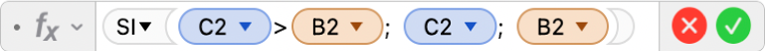 L'editor de fórmules mostra la fórmula =SI(C2>B2, C2, B2).