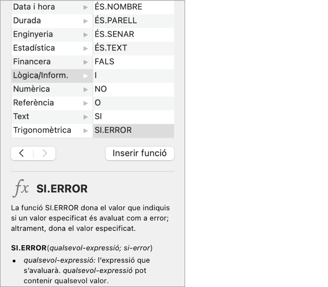 L'explorador de funcions amb informació sobre la funció SI.ERROR.