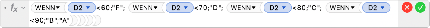 Der Formel-Editor mit der Formel =WENN(D2<60;"5"; WENN(D2<70;"4"; WENN(D2<80;"3"; WENN(D2<90;"2";"1"))))