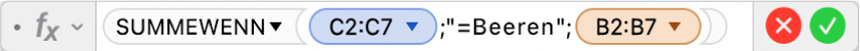 Der Formel-Editor mit der Formel =SUMMEWENN(C2:C7;"=Beeren";B2:B7)