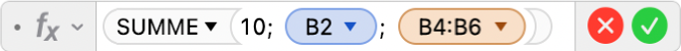 Der Formel-Editor mit der Formel =SUMME(10; B2; B4:B6)