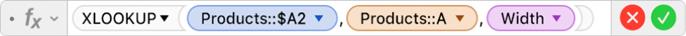 The formula editor showing the formula =XLOOKUP(Products::$A2,Products::A,Width).