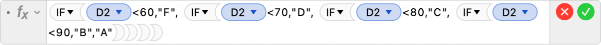 The Formula Editor showing the formula =IF(D2<60,"F", IF(D2<70,"D", IF(D2<80,"C", IF(D2<90,"B","A")))).