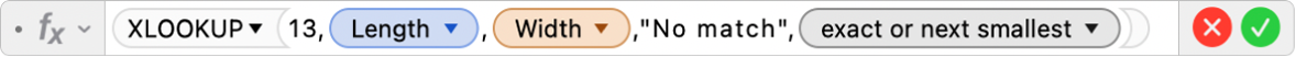 The formula editor showing the formula =XLOOKUP(13,Length,Width,"No match",1,-1).