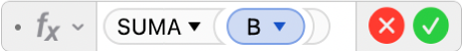 El editor de fórmulas mostrando la fórmula =SUMA(B).