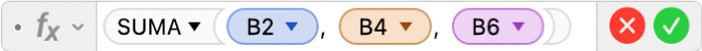 El editor de fórmulas mostrando la fórmula =SUMA(B2, B4, B6).