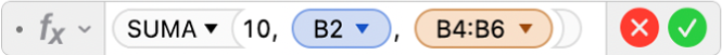 El editor de fórmulas mostrando la fórmula =SUMA(10, B2, B4:B6).