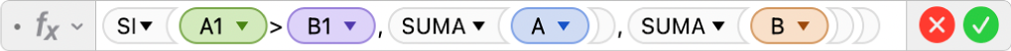 El editor de fórmulas mostrando la fórmula =SI(A2>B2,SUMA(A),SUMA(B).