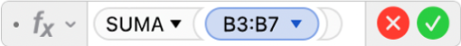 El editor de fórmulas mostrando la fórmula =SUMA(B3:B7).