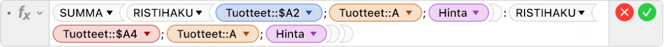 Kaavan muokkaajassa näkyy kaava =SUMMA(RISTIHAKU(Tuotteet::$A2;Tuotteet::A;Hinta):RISTIHAKU(Tuotteet::$A4;Tuotteet::A;Hinta)).