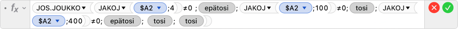 Kaavan muokkaajassa näkyy kaava =JOS.JOUKKO(JAKOJ($A2;4)≠0 ;EPÄTOSI;JAKOJ($A2;100)≠0;TOSI;JAKOJ($A2;400)≠0;EPÄTOSI; TOSI; TOSI).