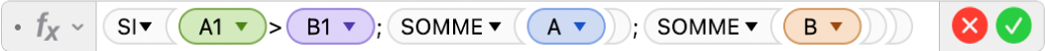 L’éditeur de formules affichant la formule =SI(A2>B2;SOMME(A);SOMME(B).