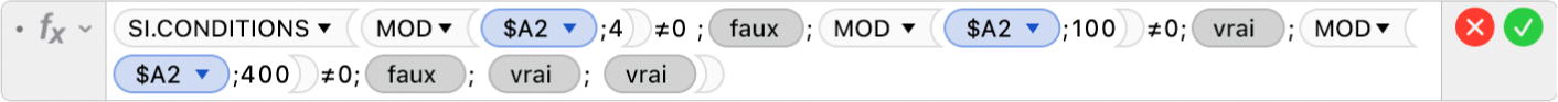 L’éditeur de formules affichant la formule =SI.CONDITIONS(MOD($A2;4)≠0;FAUX;MOD($A2;100)≠0;VRAI;MOD($A2;400)≠0;FAUX; VRAI; VRAI).