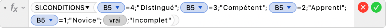 L’éditeur de formules affichant la formule =SI.CONDITIONS(B5=4,"Distingué";B5=3;"Compétent";B5=2;"Apprenti+";B5=1;"Novice";VRAI;"Incomplete").