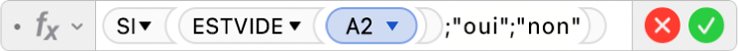 L’éditeur de formules affichant la formule =SI(ESTVIDE(A2);"yes";"no").
