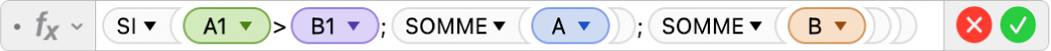 L’éditeur de formules présentant la formule =SI(A2>B2;SOMME(A);SOMME(B)).