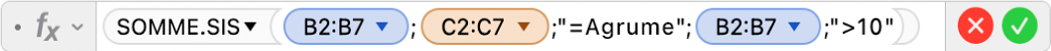 L’éditeur de formules présentant la formule =SOMME.SI(B2:B7;C2:C7;"=Agrumes";B2:B7;">10").