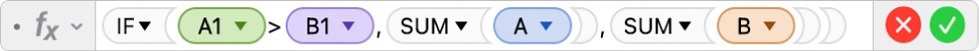 फ़ॉर्मूला संपादक जो फ़ॉर्मूला =IF(A2>B2,SUM(A),SUM(B) दिखाता है।