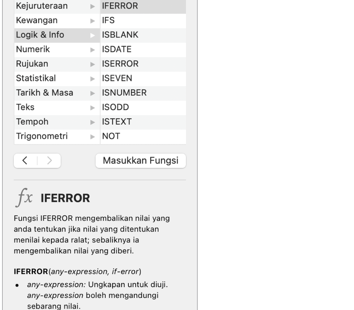 Pelayar Fungsi menunjukkan maklumat untuk fungsi IFERROR.