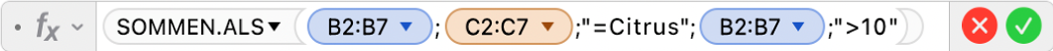 De formule-editor met de formule =SOMMEN.ALS(B2:B7;C2:C7;"=Citrus";B2:B7;">10").