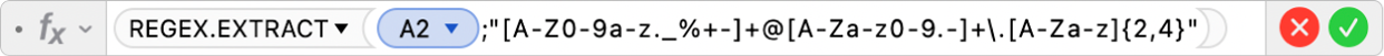 Edytor formuł pokazujący formułę =REGEX.EXTRACT(A2;"[A-Z0-9a-z._%+-]+@[A-Za-z0-9.-]+\.[A-Za-z]{2,4}")