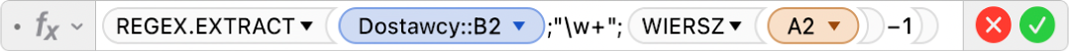 Edytor formuł pokazujący formułę =REGEX.EXTRACT(Dostawcy::B2;"\w+";WIERSZ(A2)-1).