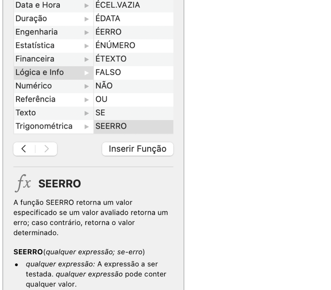 O navegador de funções a mostrar informações da função SE.ERRO.