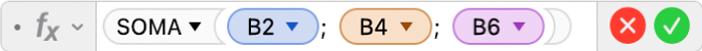 O editor de fórmulas a mostrar a fórmula =SOMA(B2, B4, B6).
