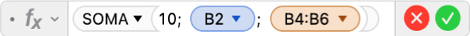 O editor de fórmulas a mostrar a fórmula =SOMA(10, B2, B4:B6).