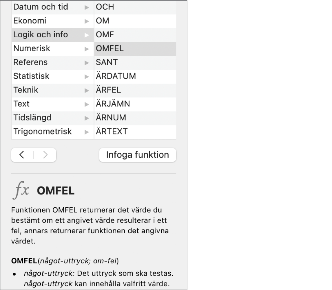 Funktionsbläddraren visar information för funktionen OMFEL.