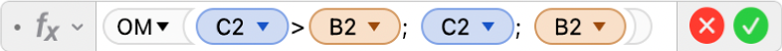 Formelredigeraren som visar formeln =OM(C2>B2; C2; B2).